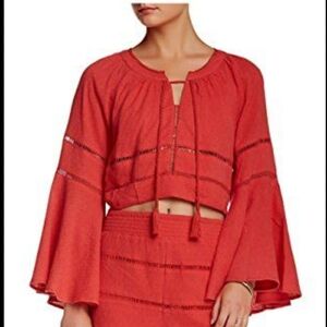 Free People Mi Corazon Red Bell Sleeve Boho Top